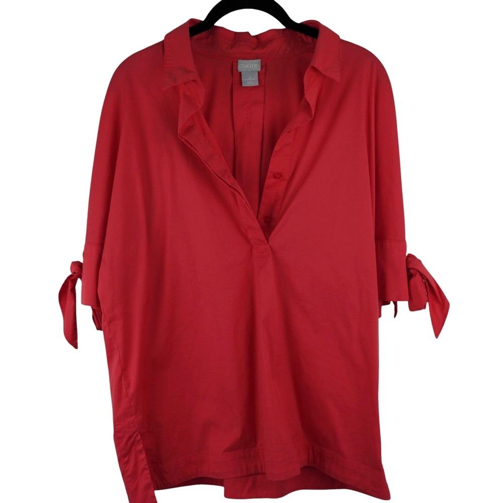 Chicos Coral Tie-Sleeve Button‎ Blouse Size 2 Large 14 16